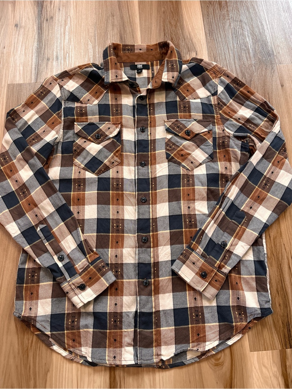 Frye Men’s Jacquard Flannel Western Shirt Navy Tan Brown Plaid Size Medium M